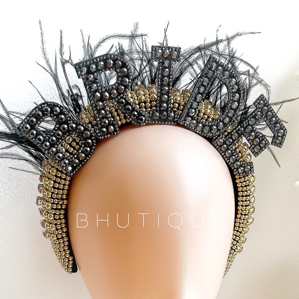 Gold and Black Bride Headband with Feathers Optional Black Veil | Til Death Do Us Party | Bachelorette Party | Hen Party | Bachelorette Gift