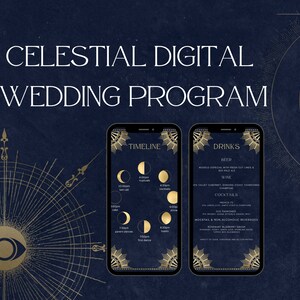 Puede incluir: Un programa de boda digital con un tema celestial. El programa se muestra en dos pantallas de teléfonos inteligentes con un esquema de color dorado y azul. La pantalla de la izquierda muestra una línea de tiempo con fases lunares y la pantalla de la derecha muestra un menú de bebidas con opciones de cerveza, vino y cócteles.