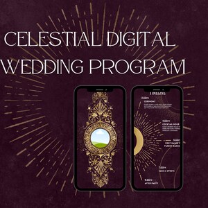 Op de afbeelding: Digitaal huwelijksprogramma weergegeven op twee smartphones. Het ontwerp heeft gouden hemelse accenten en de tekst "Celestial Digital Wedding Program". Eén telefoon toont een decoratief ontwerp, de andere een huwelijksplanning.