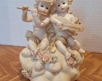 Vintage Porcelain Schmid Flute and Mandolin playing Cherubs Figurine and Music box, plays &quot;Hymn to Joy (Joyful, Joyful we adore thee)&quot;