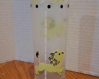 Vintage Libbey Frosted Highball Cocktail Glass, Yellow Carousel Lion, Mid-Century Modern