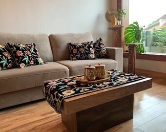 Navy Blue Velvet Table Runner and 4 Cushion Covers Set with Floral Pattern Embroidery, Boho Home Decor, Living Room Decor