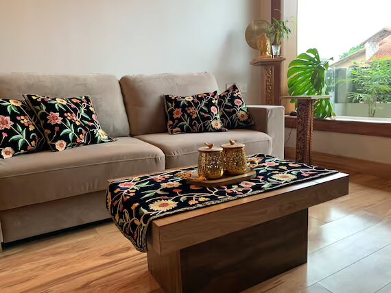 Navy Blue Velvet Table Runner and Cushion Covers Set with Floral Pattern  Embroidery, Boho Home Decor, Living Room Decor