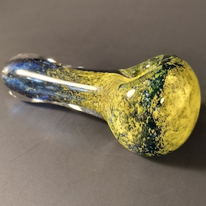 Handblown Thick Glass Spoon Pipe with Cobalt Blue and Canary Yellow Frit on the Inside