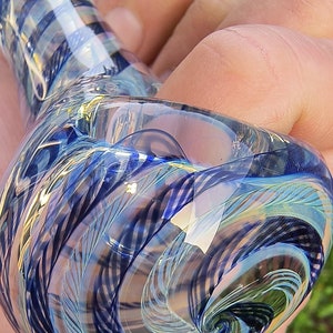Extra Thick Inside Blue and Transparent Latticino, Silver Fumed Color Changing Handmade Spoon Pipe