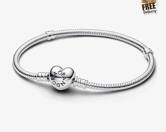 Pandora Moments Heart Clasp Bracelet • Sterling Silver S925 • Snake Chain  Jewellery • Gifts For Her • Anniversaries • BR-007