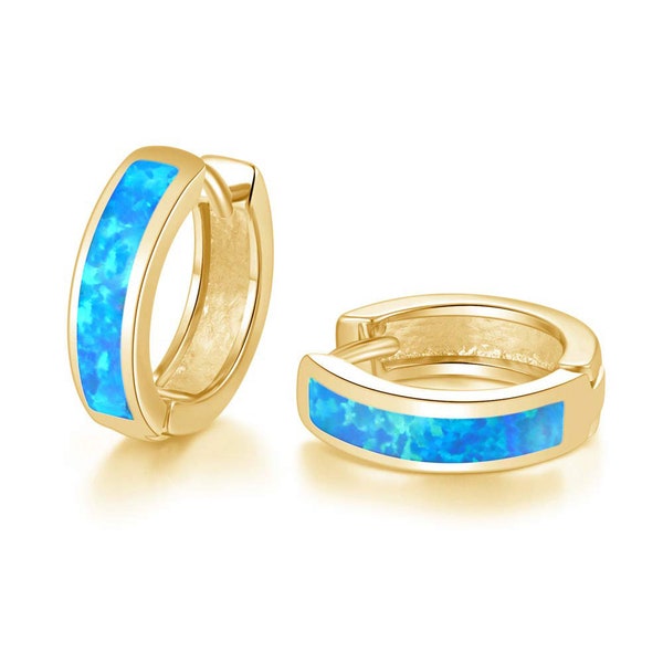 Opal Inlay Huggie Earrings • Fire Opal Hoop Earrings • Dainty Blue & Green Gemstone Earrings • Gift for Her • Present for Her • Jewellery