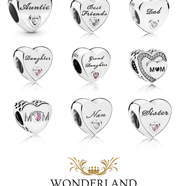 Pandora Family Heart Charms • Silver Sterling Personalised Heart Charms • Charms For Bracelets •  Jewellery Charms • Gifts For Her