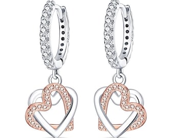 Pendientes colgantes de plata de ley 925 • Aro con dijes para mujeres y niñas • Pendiente de doble corazón Regalos de joyería fina • Regalos para ella