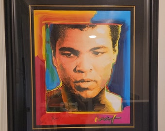 Peinture mixte de Muhammad Ali par Peter Max signée à la main par l'artiste pop peter Max et Muhammed Ali