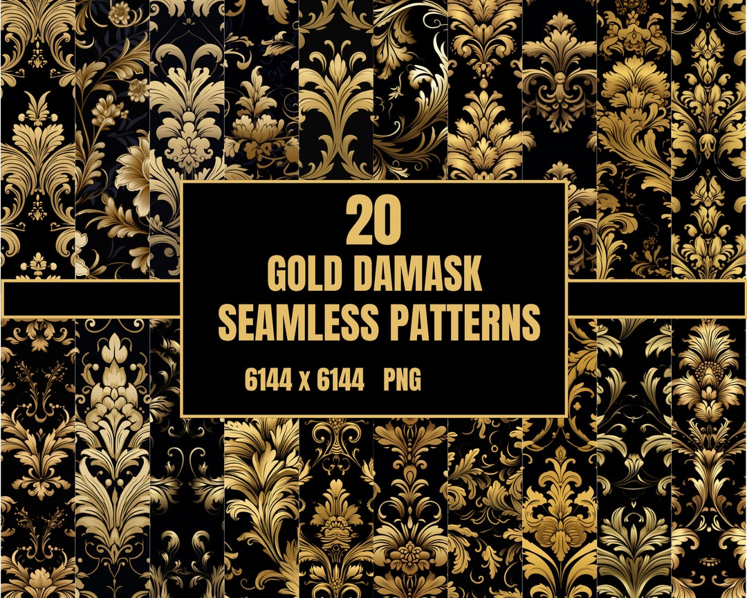 20 Digital Black and Gold Damask Patterns, Seamless Background, Instant