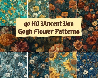 40 HD Seamless Flower Patterns - Digital Paper - Vincent Van Gogh Floral Style - Spring, Summer, Autumn, Winter - Digital Download