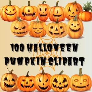 100 Halloween Pumpkins Clipart, Spooky Orange Pumpkin Graphics, Collage Elements, Digital Download