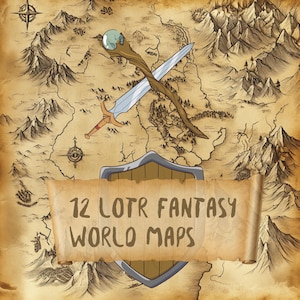 12 LOTR Vintage Style Fantasy Map, Antyczna mapa świata, Wydruk, Dekoracja ścienna ze starego świata, Dekoracja pokoju gier, Pomysł na wyjątkowy prezent,