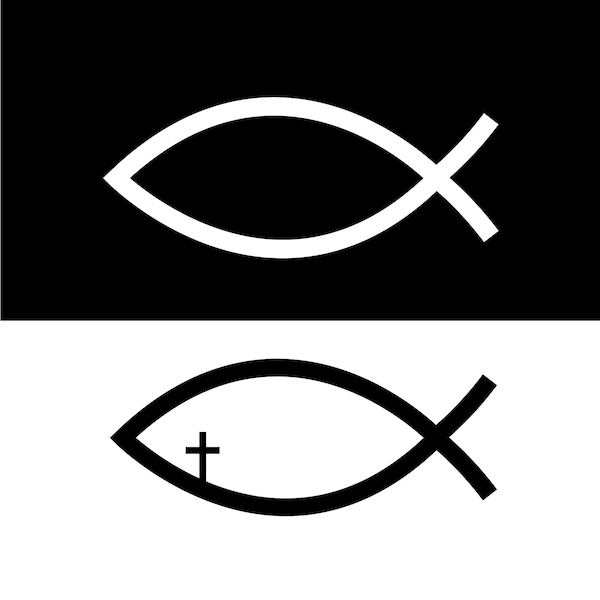Black & White Christian Fish SVG, Outlined Fish with Cross, Jesus Christ Fish for Cricut | png, jpg, svg, eps