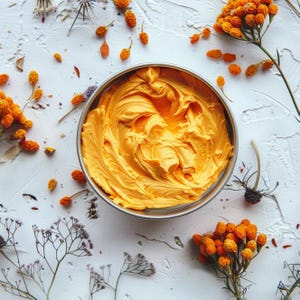 May include: A stainless steel bowl filled with bright orange cream, similar to whipped cream. The bowl is surrounded by dried orange flowers and sprigs on a white, textured surface. The cream has a smooth, swirled texture.