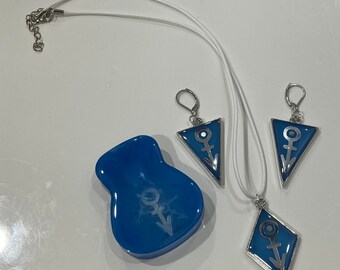 Blue / Silver Classic Symbol Diamonds & Pearls Pendant and Earring set, Prince inspired