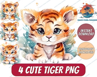 4 lindos y divertidos tigres bebés PNG / Tigres de acuarela / Animales lindos PNG / Clipart de tigre bebé / Fondo transparente / Clip Art de animales de la jungla
