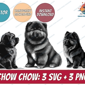 May include: Three digital illustrations of Chow Chow dogs in various poses. The dogs are black with white markings and have fluffy fur. The illustrations are in a cartoon style and are suitable for use in digital projects.
