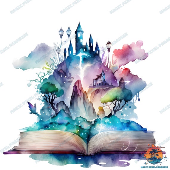 Watercolor Magic Books Clipart