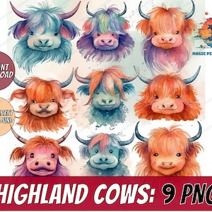 Divertidas ilustraciones de vacas de las tierras altas en acuarela, archivos PNG digitales, papel digital, álbumes de recortes, decoración del hogar imprimible, imágenes prediseñadas