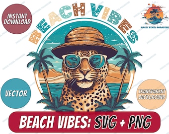 Beach Vibes SVG, Summer Png, Retro Png, Vintage Summer Png, Leopard Smiley Face Png, Sublimation or Printable, Sublimation Shirt Design