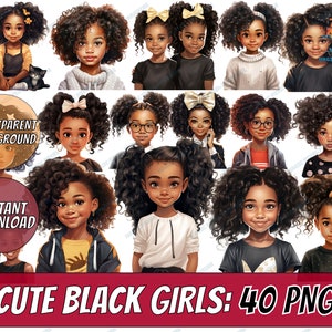 Cute Little Black Girls Illustration 40 PNG Bundle, Curly Hair, Pigtails, Magic ClipArt, Princess, Commercial Use, Afro Kids Prints Tshirt