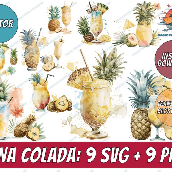 Watercolor Pina Colada Clipart | Pina Colada SVG | digital PNG a tropical cocktails clip art graphics for instant download commercial use