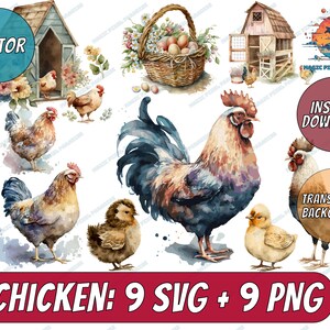 Watercolor Chicken Clipart SVG - cute chickens and chicks, farm animal PNG format instant download for commercial use, chicken eggs, hen art