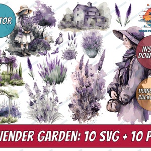 Aquarell Lavendel Garten SVG | Provence Blumenfrühling SVG- und PNG-Format sofortiger Download für die kommerzielle Nutzung | Lavendel Mädchen geschnitten Datei | Blüten