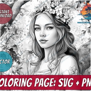 Magnolia garden - Coloring Page - Digital Download Illustration SVG PNG - Grayscale Coloring Page for Adults - Printable Coloring, Women Art