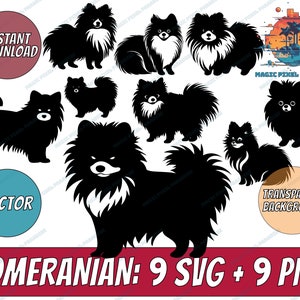 May include: Nine black and white silhouette images of Pomeranian dogs in various poses. The images are set against a white background. The text "Pomeranian: 9 SVG + 9 PNG" is at the bottom of the image.