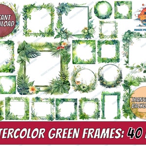 Aquarell Grünen Rahmen Ränder | 40 digitale grüne Rahmen Clipart PNG | grün png | nahtloses Blumen Digitalpapier | floral Rahmen Clipart