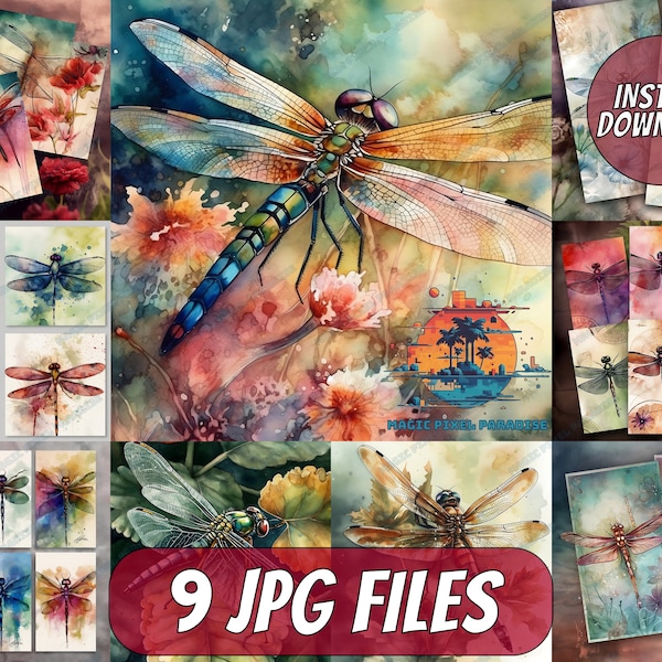 9 Garden Dragonfly Portraits Watercolor Illustration Prints Card Making Craft Book Cover Artwork Digital Download Digital Paper