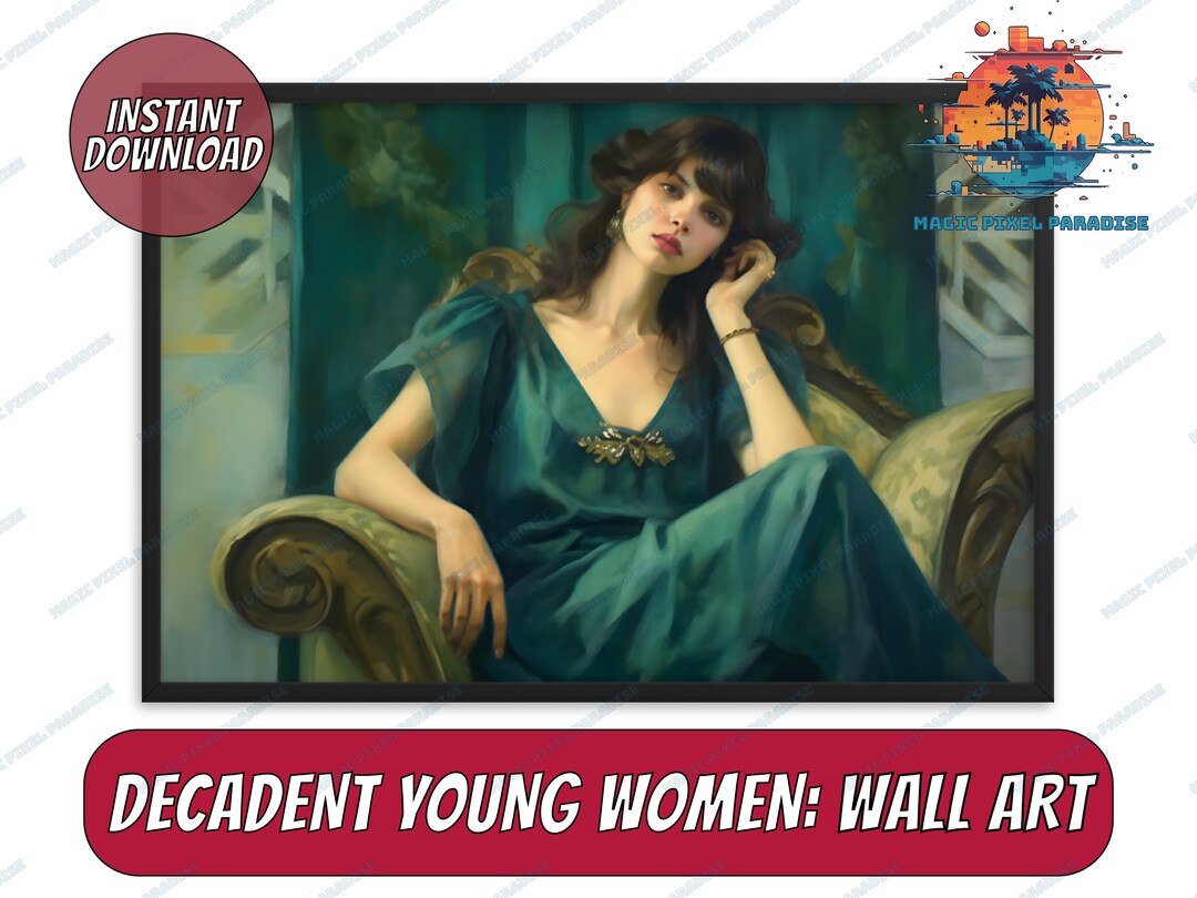 Decadent Young Girl | Woman Portrait | Vintage Wall Art | Emerald Green ...
