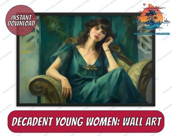 Decadent Young Girl | Woman Portrait | Vintage Wall Art | Emerald Green Art | After the Dance | Moody Wall Decor | PRINTABLE Art | PNG A1-A7