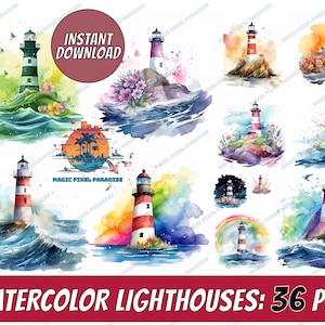 Watercolor Lighthouses Clipart - cute nautical ocean clip art graphics in PNG format, light house wallart, lighthouse decor, print, artwork