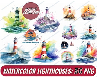 Watercolor Lighthouses Clipart - cute nautical ocean clip art graphics in PNG format, light house wallart, lighthouse decor, print, artwork