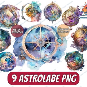 Puede incluir: Nueve ilustraciones de astrolabios en acuarela con fondo de galaxia. Cada astrolabio tiene un diseño de brújula con detalles dorados y una estrella en el centro. Las ilustraciones están sobre un fondo blanco.
