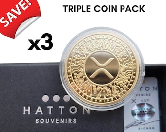 XRP Ripple Coin | Real Gold Rare XRP Ripple Souvenir Coin TRIPLE Coin Pack | Deluxe Display Case & Official Hologram Certificate