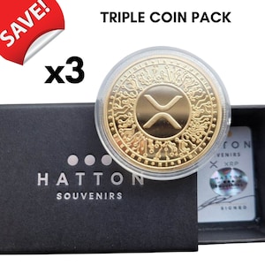 XRP Ripple Inspired Coin | Real Gold Rare Crypto Souvenir Coin TRIPLE Coin Pack | Deluxe Display Case with Hattons Hologram Certificate