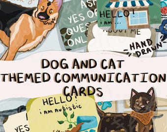 Op de afbeelding: Honden- en kattencommunicatiekaarten met illustraties van een Duitse herder en een lapjeskat. De kaarten bevatten tekst als "Stel alleen ja- of neevragen" en "Hallo! Ik ben..." en "Ik ben Autistisch".