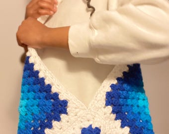 Handmade Blue Ombré Granny Square Crochet Tote Bag