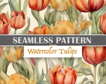 Watercolor Tulips, Seamless Pattern, Repeating Tiles, Repeating File, Digital Download