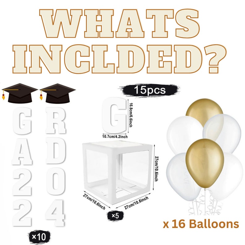 Cajas de globos de graduación decoración de fiesta de graduaciónincluye cualquier color, 16 globos y año de graduación 2024graduación de escuela secundaria universitaria BLANCO imagen 5