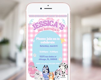 Fiesta de invitación digital de cumpleaños de niña perro azul azulado