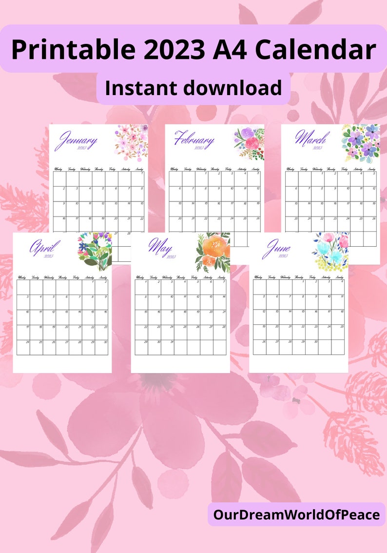 Printable 2023 Calendar Watercolor Flowers Botanical Floral Etsy