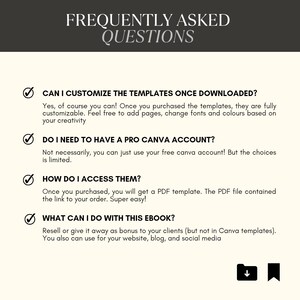 Op de afbeelding: Een checklist met veelgestelde vragen over Canva-sjablonen. De vragen zijn: Kan ik de sjablonen aanpassen nadat ik ze heb gedownload? Heb ik een Pro Canva-account nodig? Hoe krijg ik er toegang toe? Wat kan ik met dit e-boek doen?