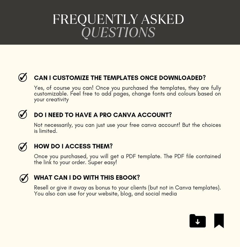 Op de afbeelding: Een checklist met veelgestelde vragen over Canva-sjablonen. De vragen zijn: Kan ik de sjablonen aanpassen nadat ik ze heb gedownload? Heb ik een Pro Canva-account nodig? Hoe krijg ik er toegang toe? Wat kan ik met dit e-boek doen?