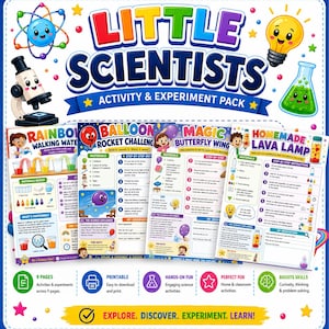 Peut inclure: Un pack d'activités et d'expériences Little Scientists comprenant quatre fiches pédagogiques colorées pour Rainbow Walking Water, Balloon Rocket Challenge, Magic Butterfly Wing et Homemade Lava Lamp, avec des graphismes scientifiques.